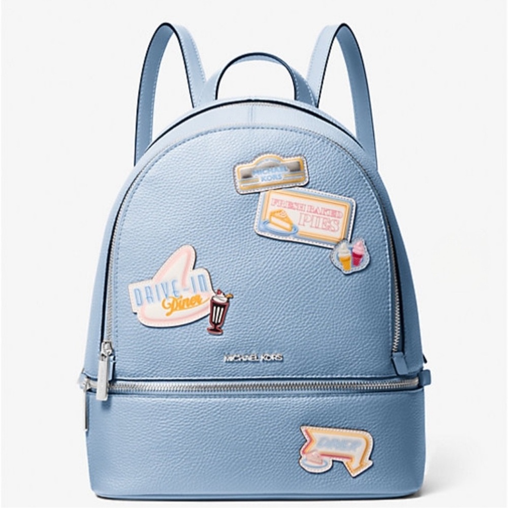 Michael Kors Blue Rhea Embellished Medium Backpack with Patches NWT